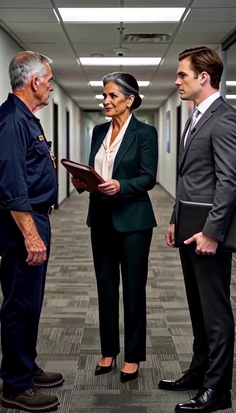 A senior female executive steps between the men holding a leather folder to reveal the truth.