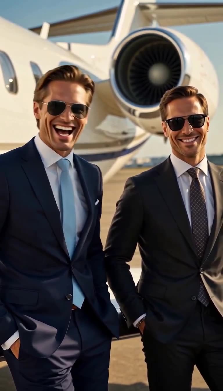 Two sharply dressed executives laughing smugly in front of a private jet turbine
