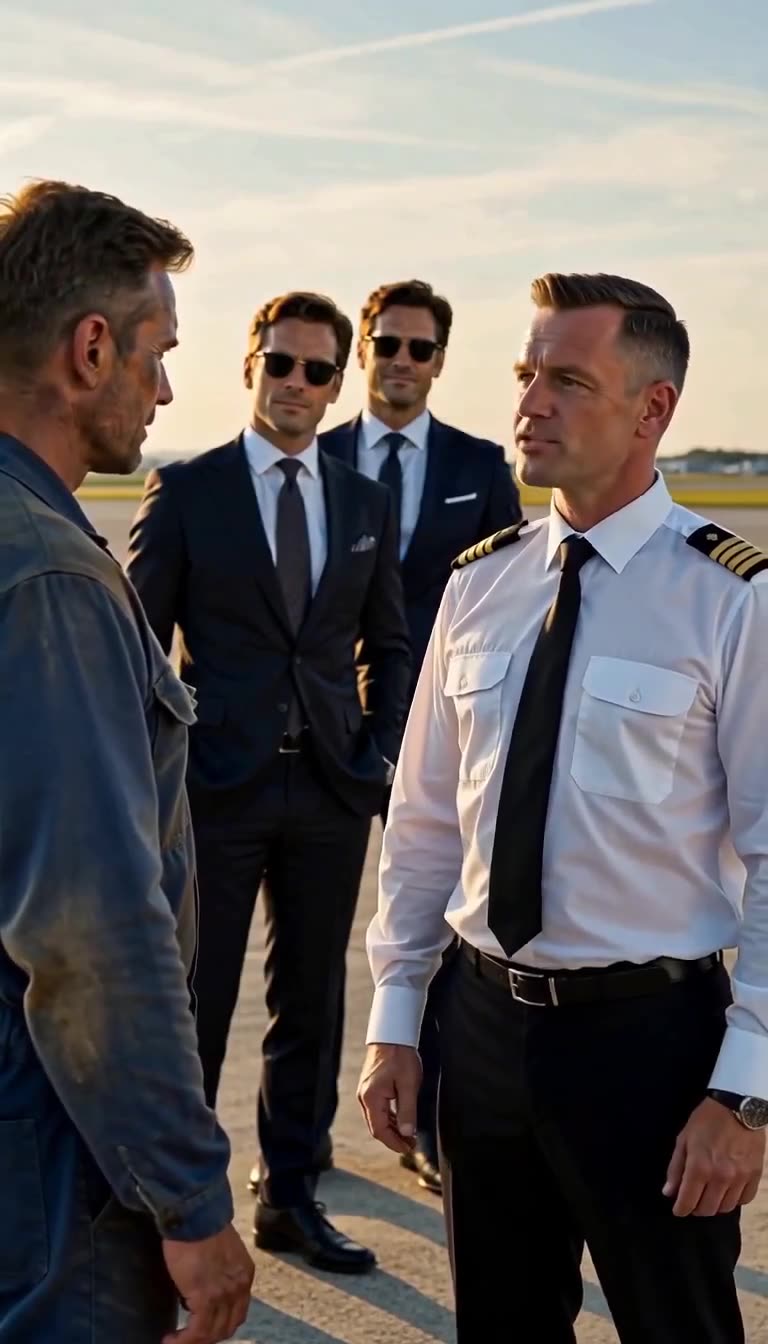A commercial airline captain confronts an aircraft mechanic as the businessmen watch