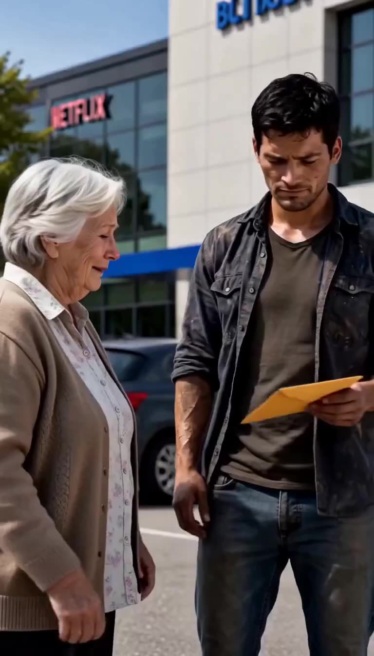 A working man holds out a yellow document envelope to an elderly woman in a parking lot