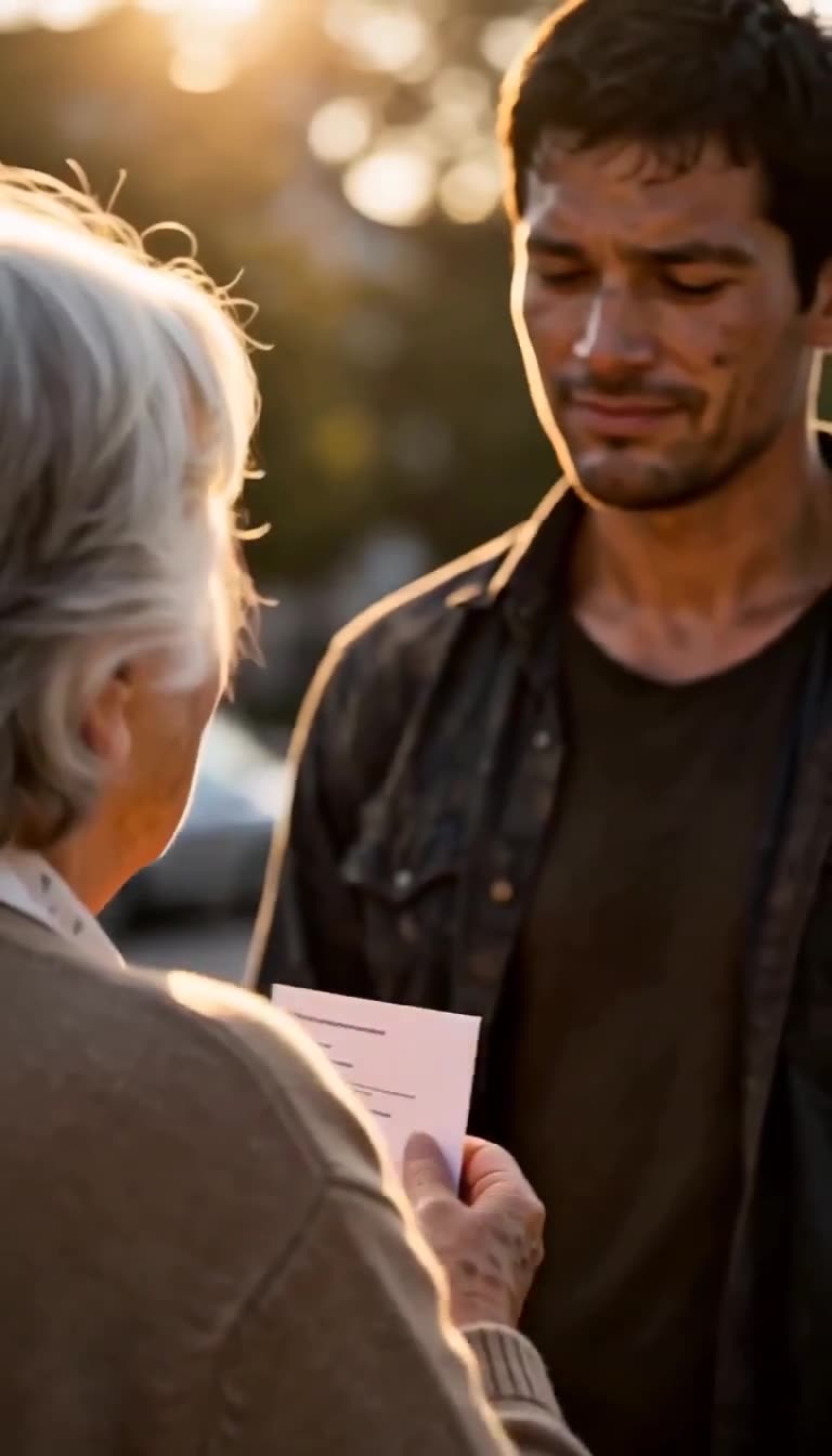 The man looks emotional as the elderly woman hands him a contract letter in the afternoon sunlight