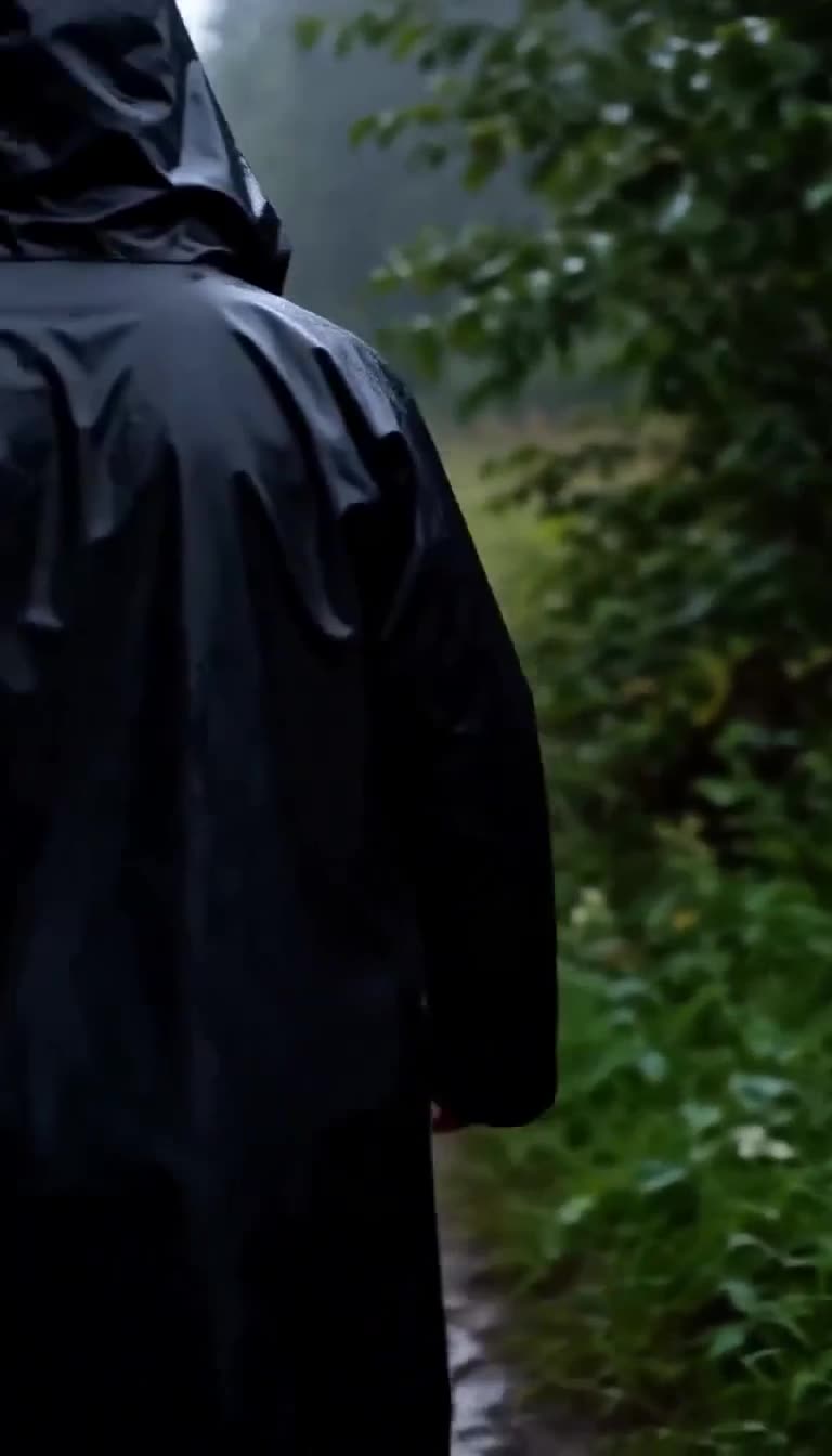 A cloaked figure in a black hooded raincoat walks into the dark, foggy forest trail