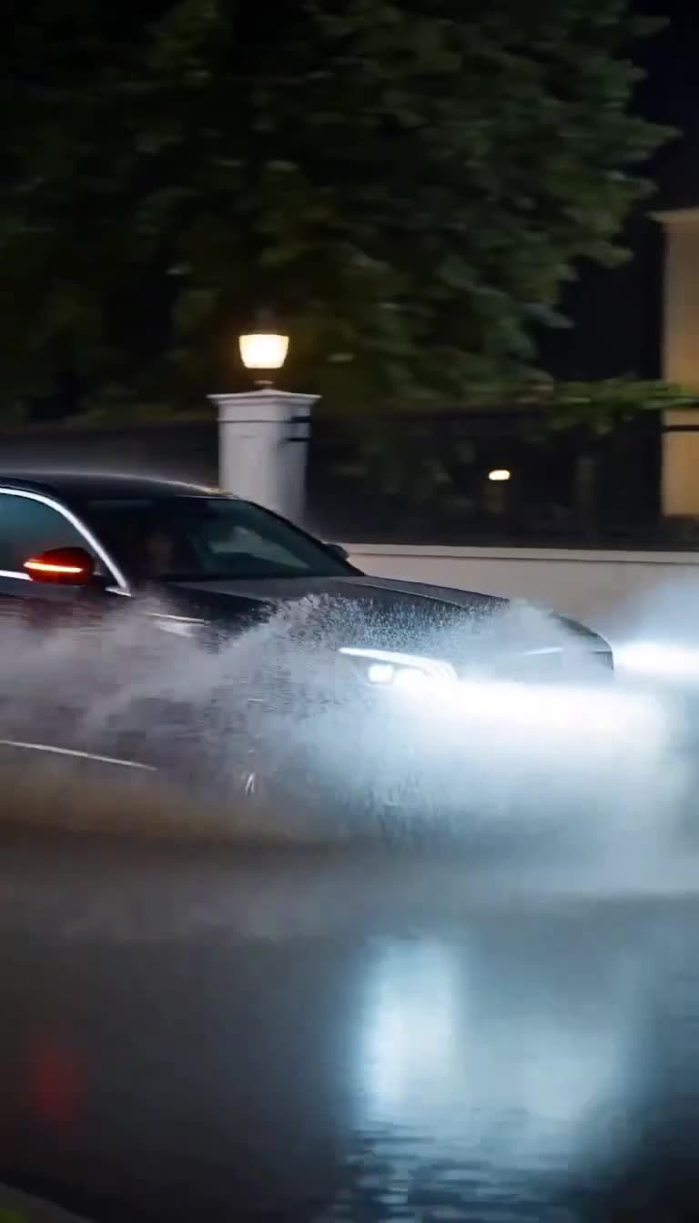 Black luxury sedan speeds through flooded night streets with glowing headlights