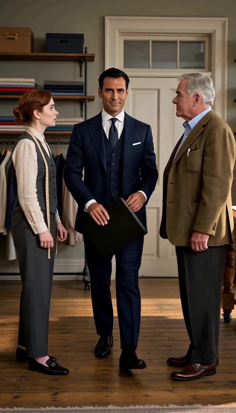 A smug executive in a navy suit steps between the seamstress and the client holding a black leather folio.