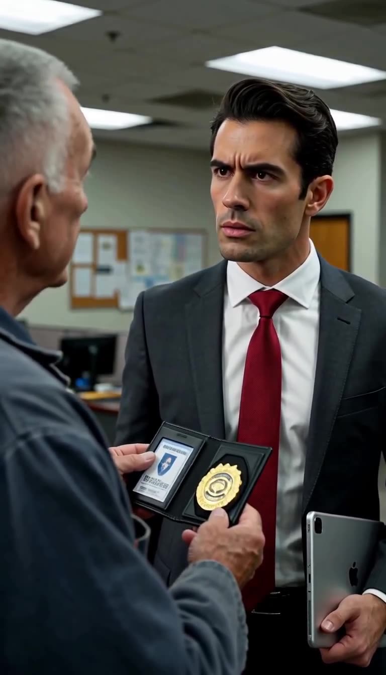 The worker reveals a state oversight badge, leaving the director frozen in shock