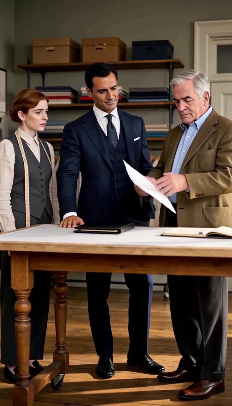 The older gentleman calmly picks up and examines the contract paperwork as the executive watches.