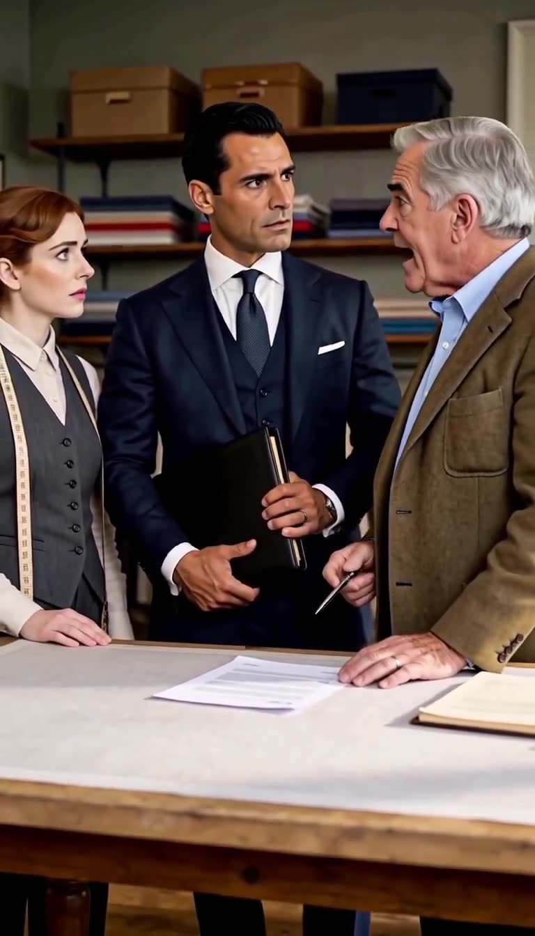 The older client speaks firmly to the startled corporate executive over the contract.