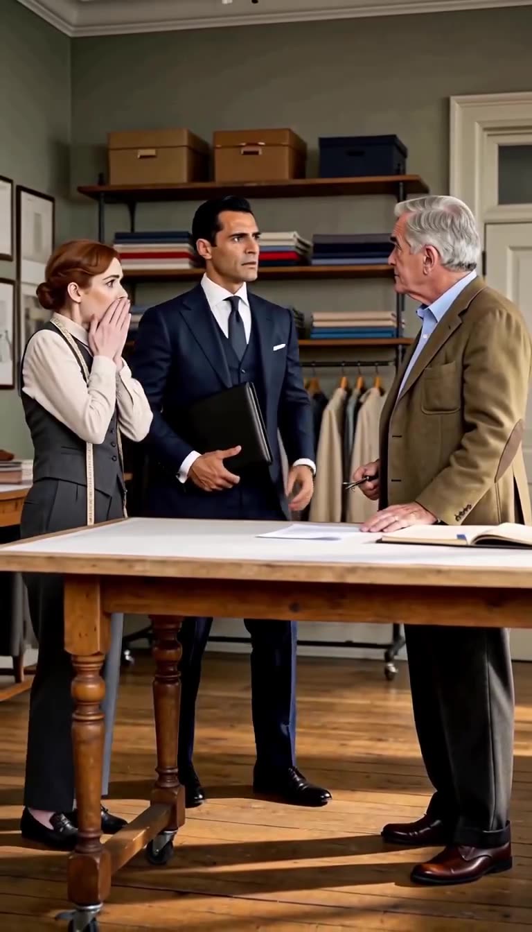 The young seamstress gasps in shock as the executive backs away in horror from Raymond Vance.