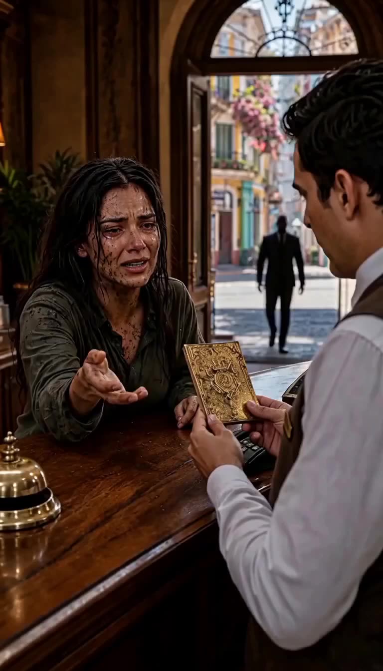 A tearful woman hands an ornate golden crest to a hotel receptionist while a shadowy man approaches in the doorway.