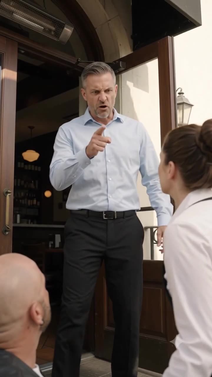Angry manager in a blue shirt standing in a doorway pointing his finger at the waitress and injured man