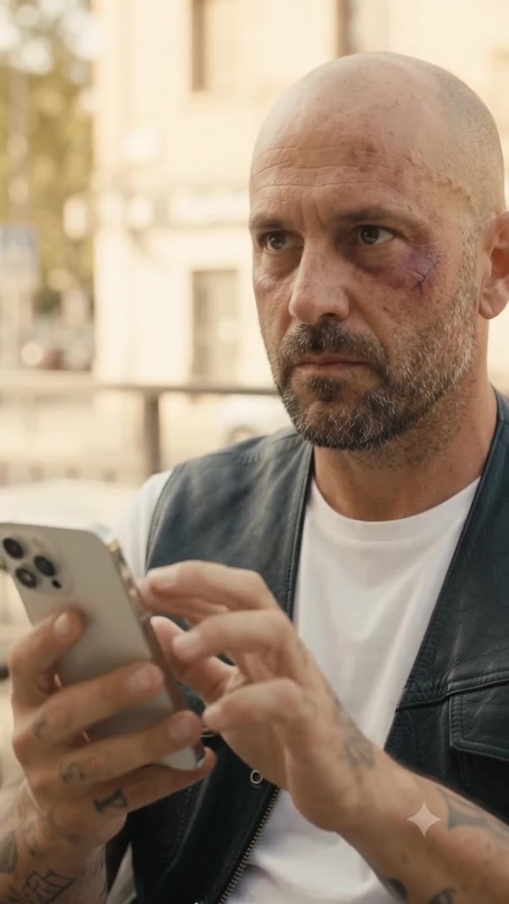 Close-up of the injured man with a bruised face holding a smartphone and dialing a number