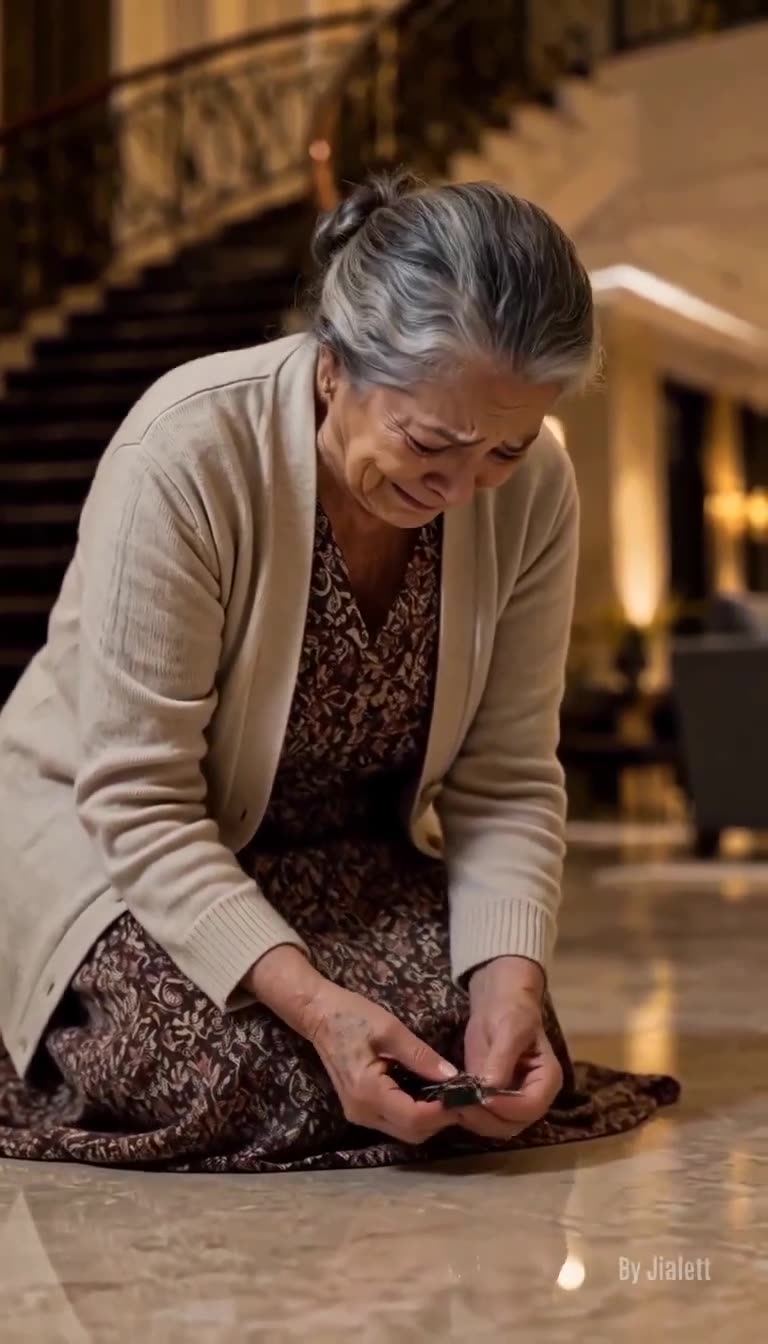 An elderly woman weeps on the marble floor while picking up dropped keys