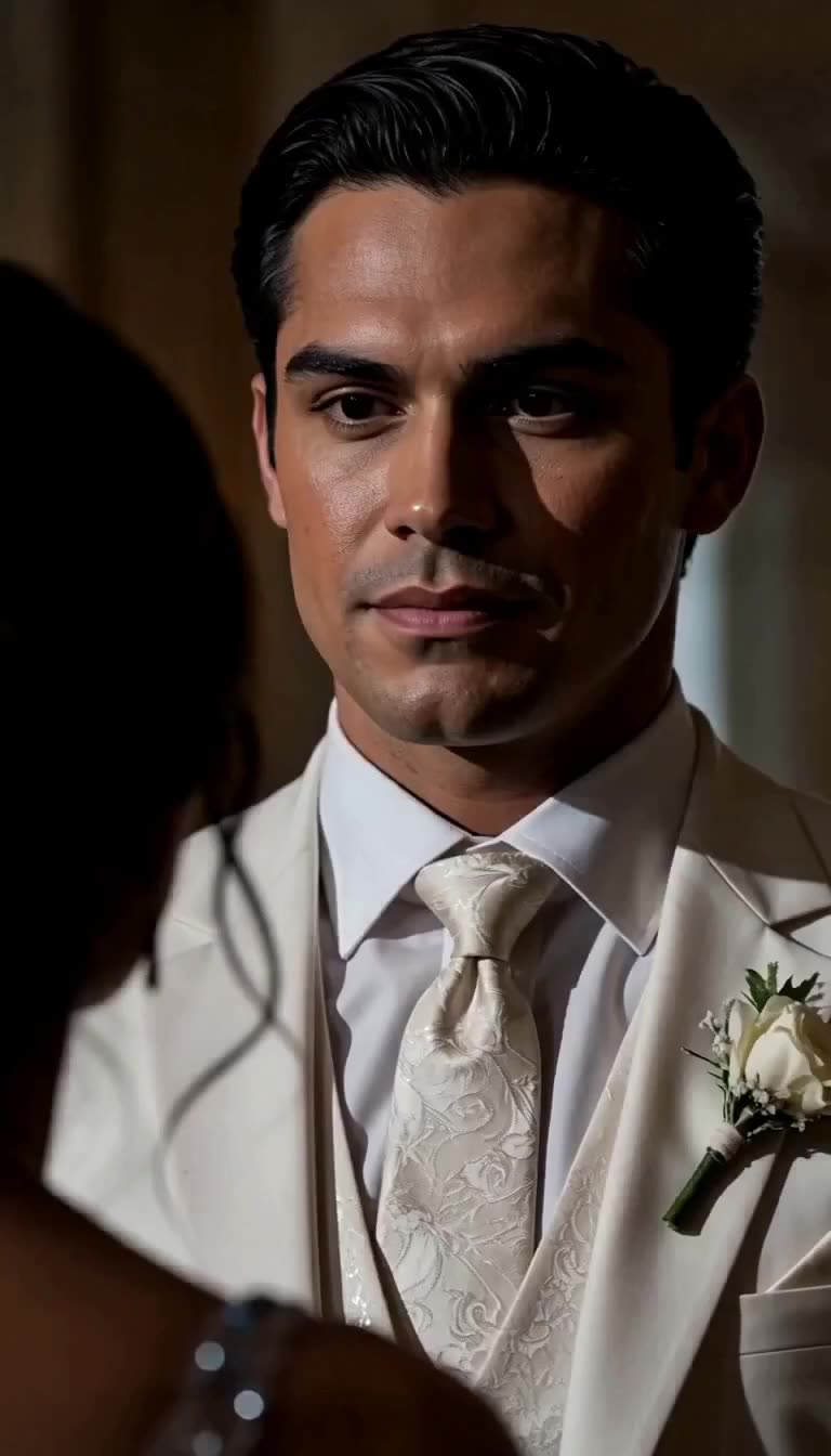 A groom in an ivory suit listens calmly with an intense, unbothered expression