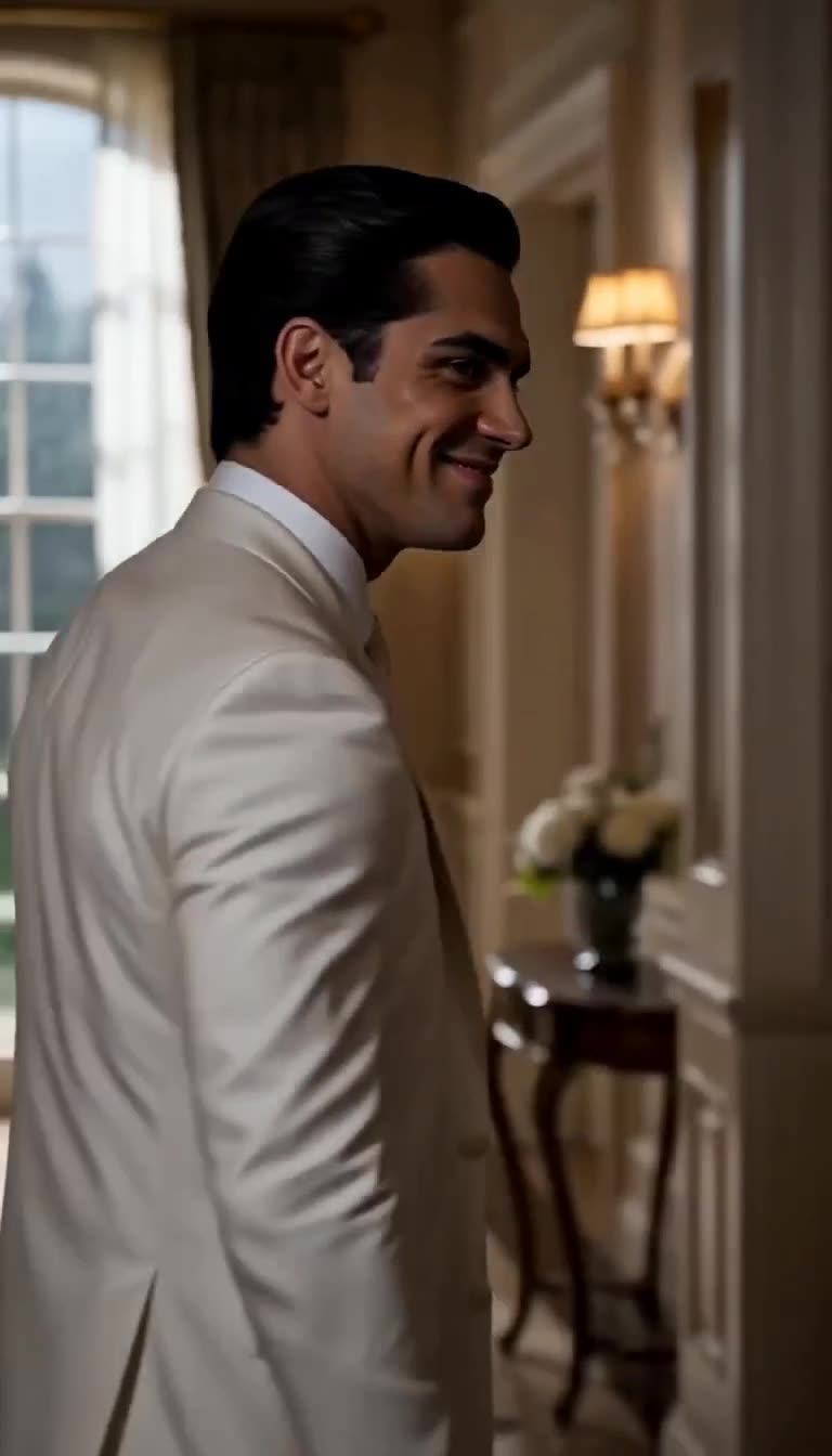 The groom smiles knowingly and turns away in the mansion hallway