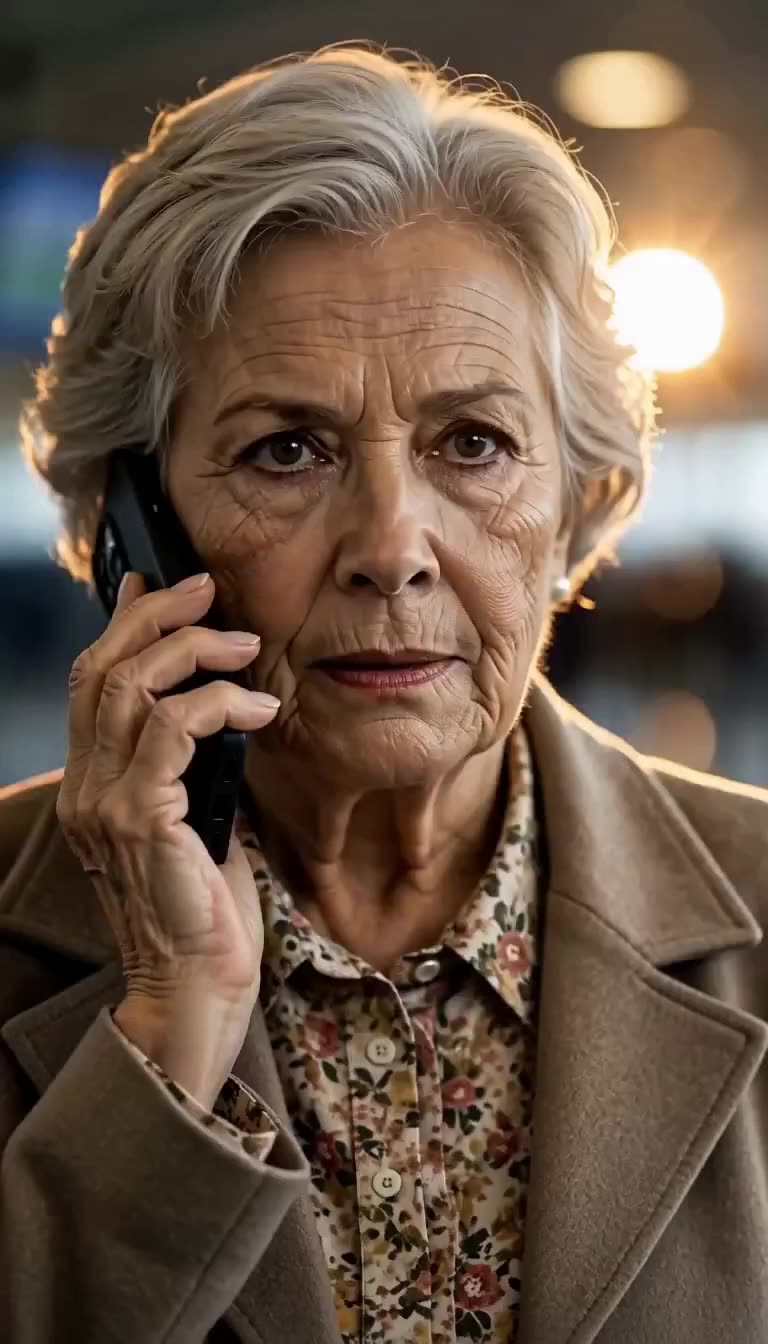 A close-up of a determined elderly woman making a serious phone call inside an airport.