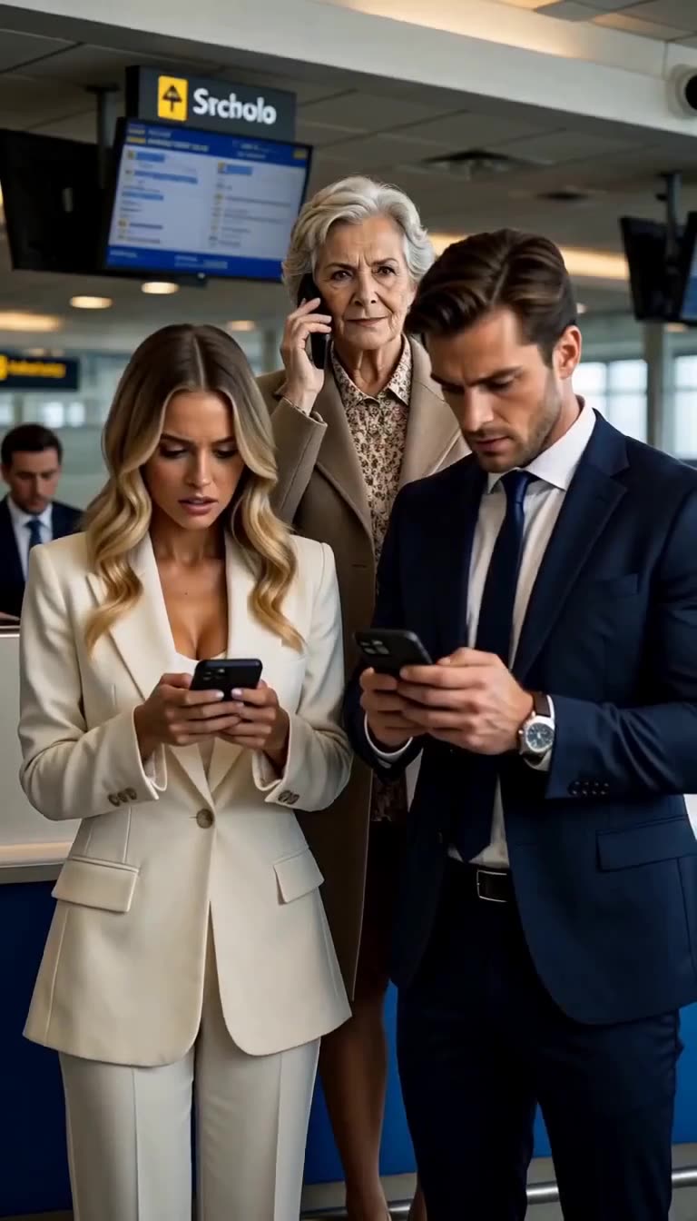 A young executive and his companion stare in shock at their phones while an older woman watches from behind.