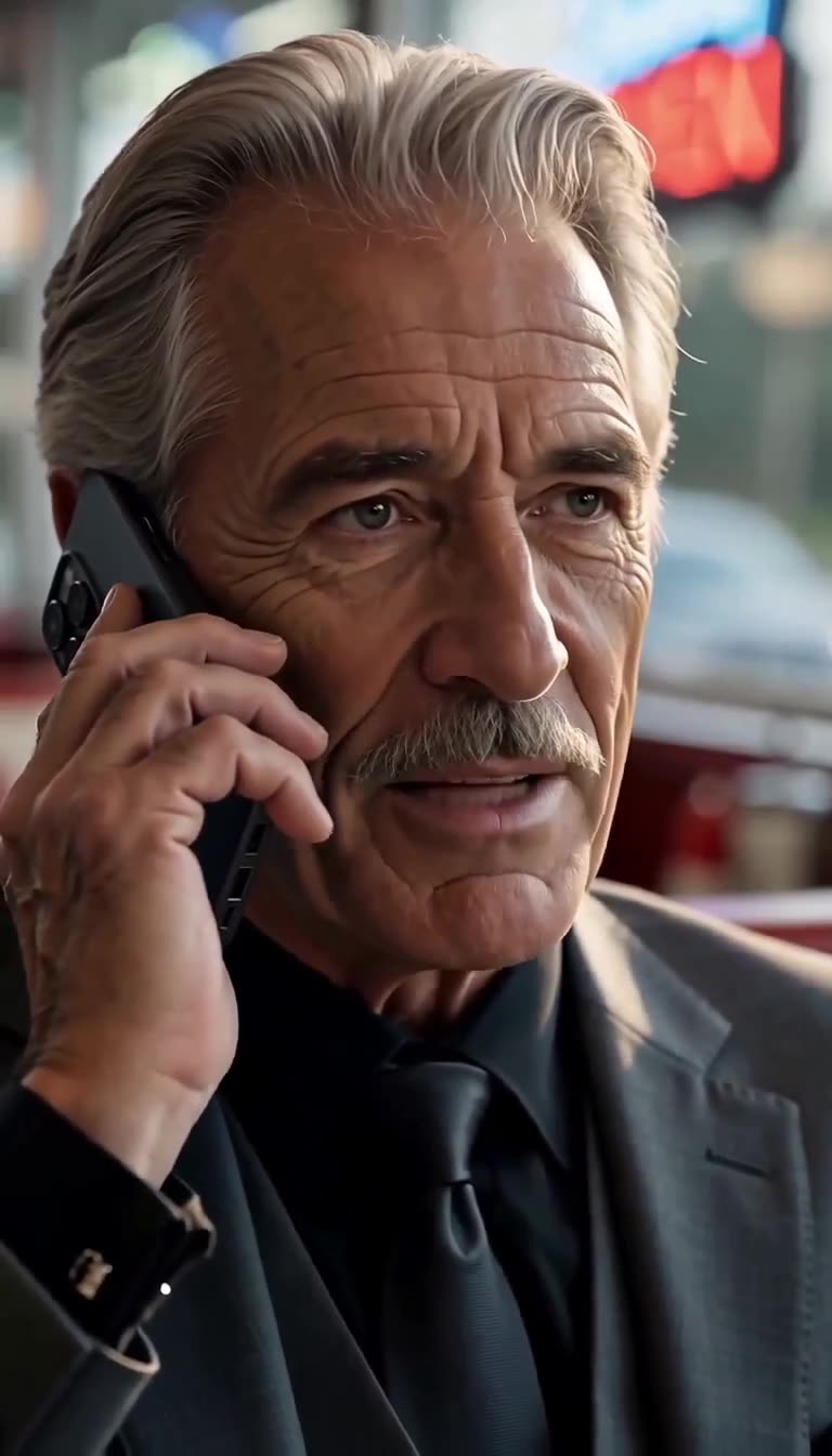Close-up of the composed older gentleman making a calm phone call from his diner booth