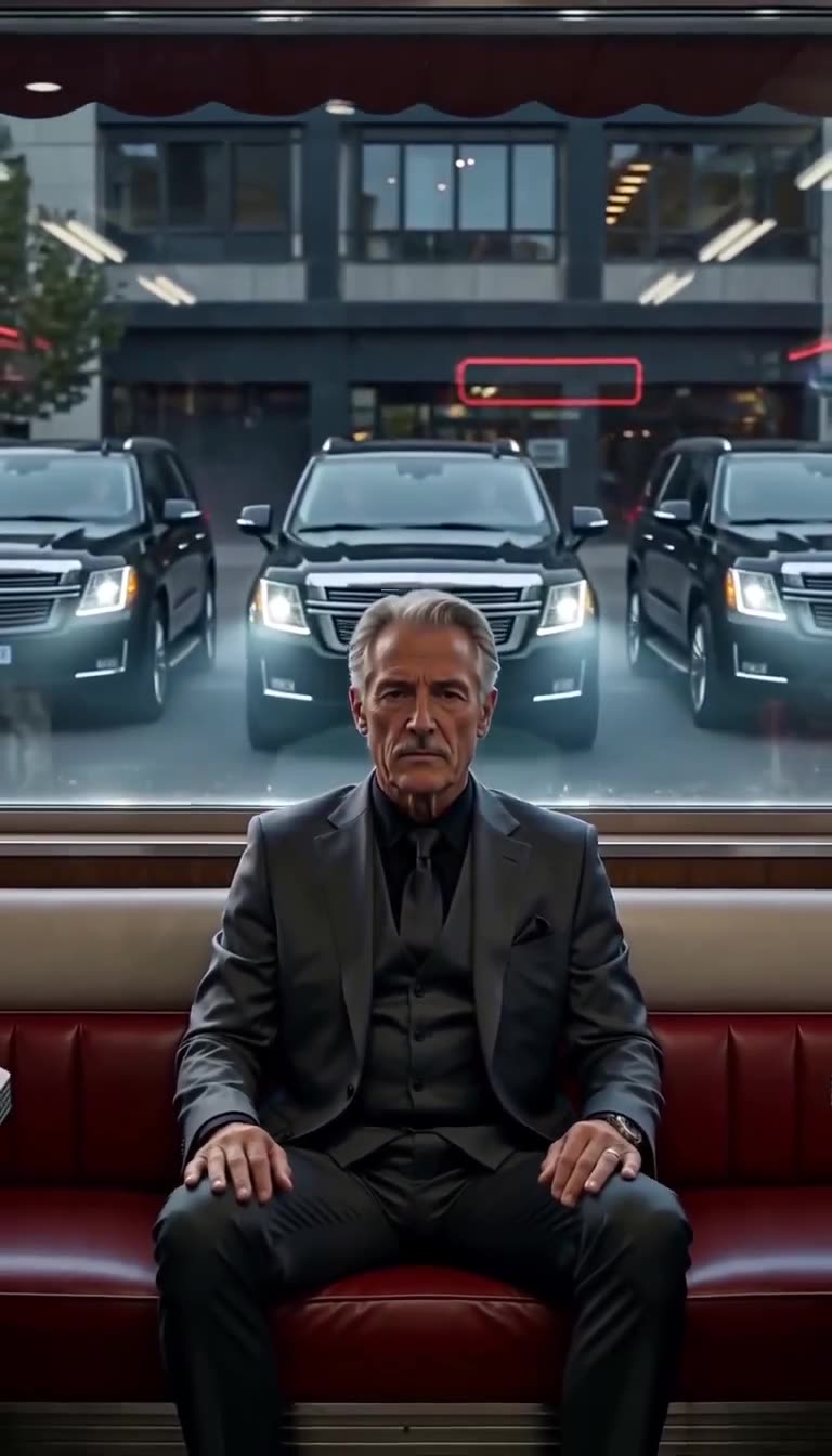 The gentleman sits composed in the booth while three armored black SUVs park outside the window