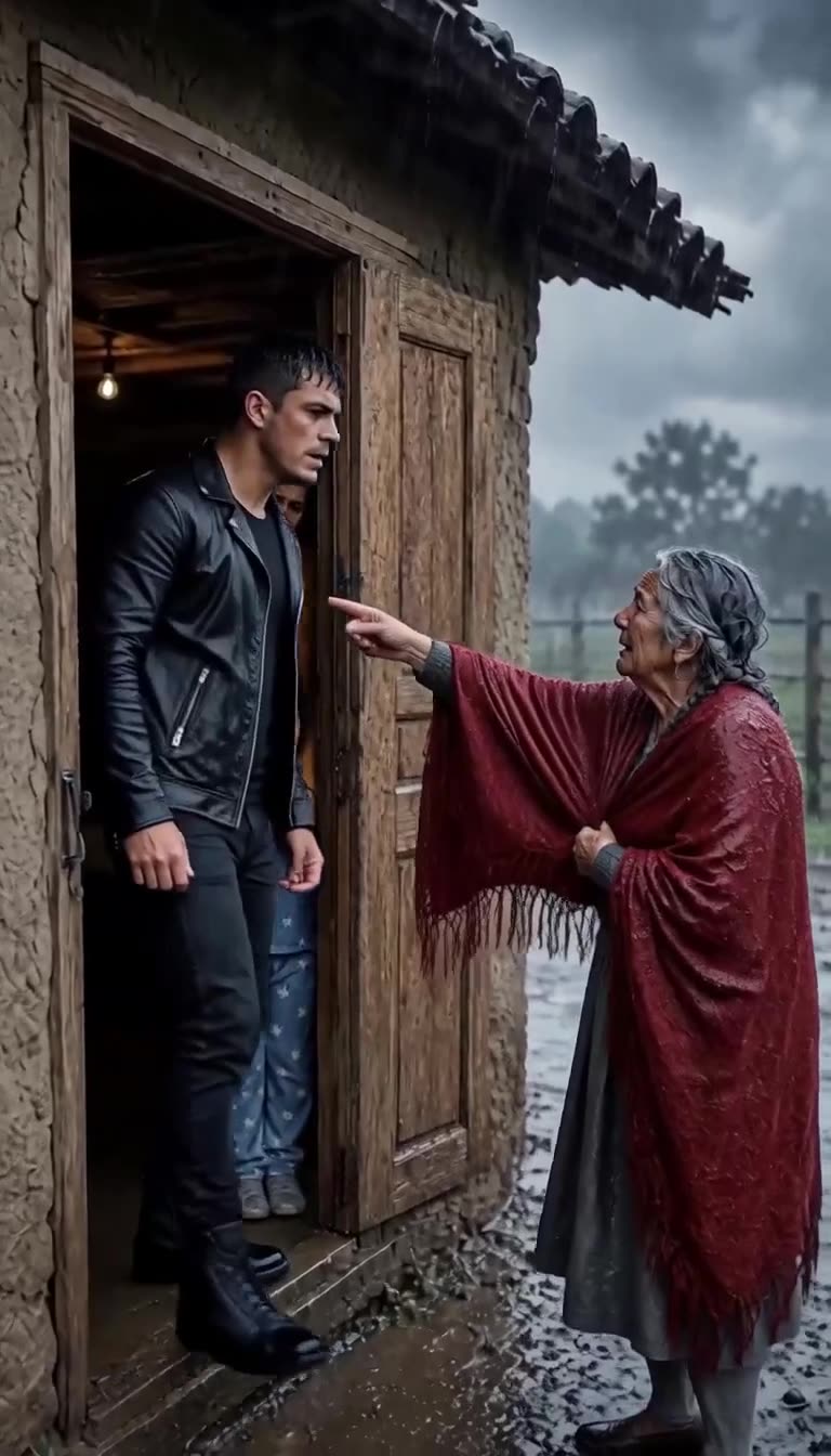 The elderly woman in a red shawl stands in the storm and points a stern finger back at her son in the doorway.