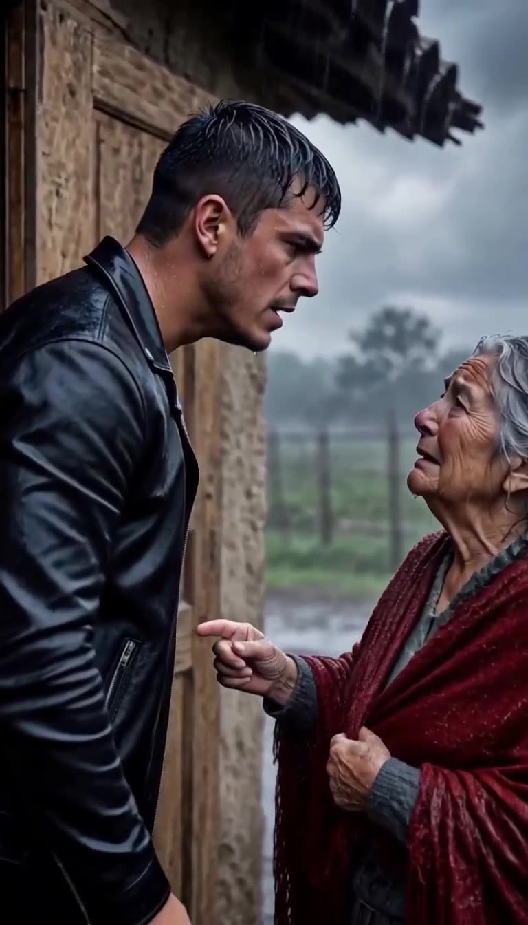 A tense confrontation between the soaked son leaning forward angrily and his mother staring him down in the rain.