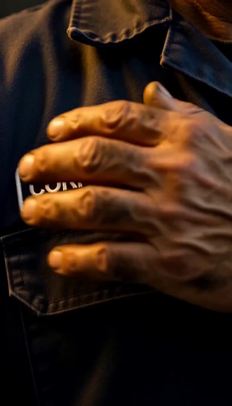 A close-up of a laborer's soiled hand touching the name patch on his blue uniform jacket