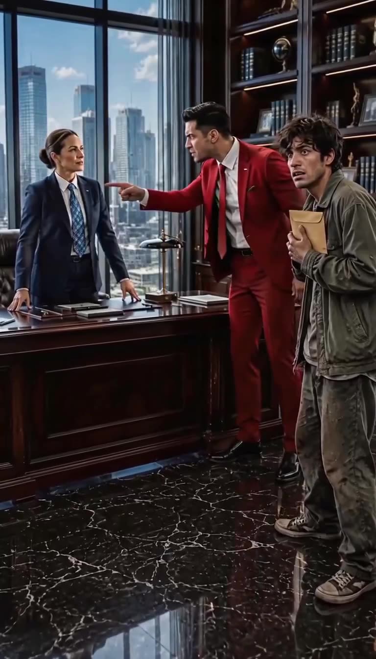 A man in a red suit angrily confronts the executive while pointing at the startled young man.