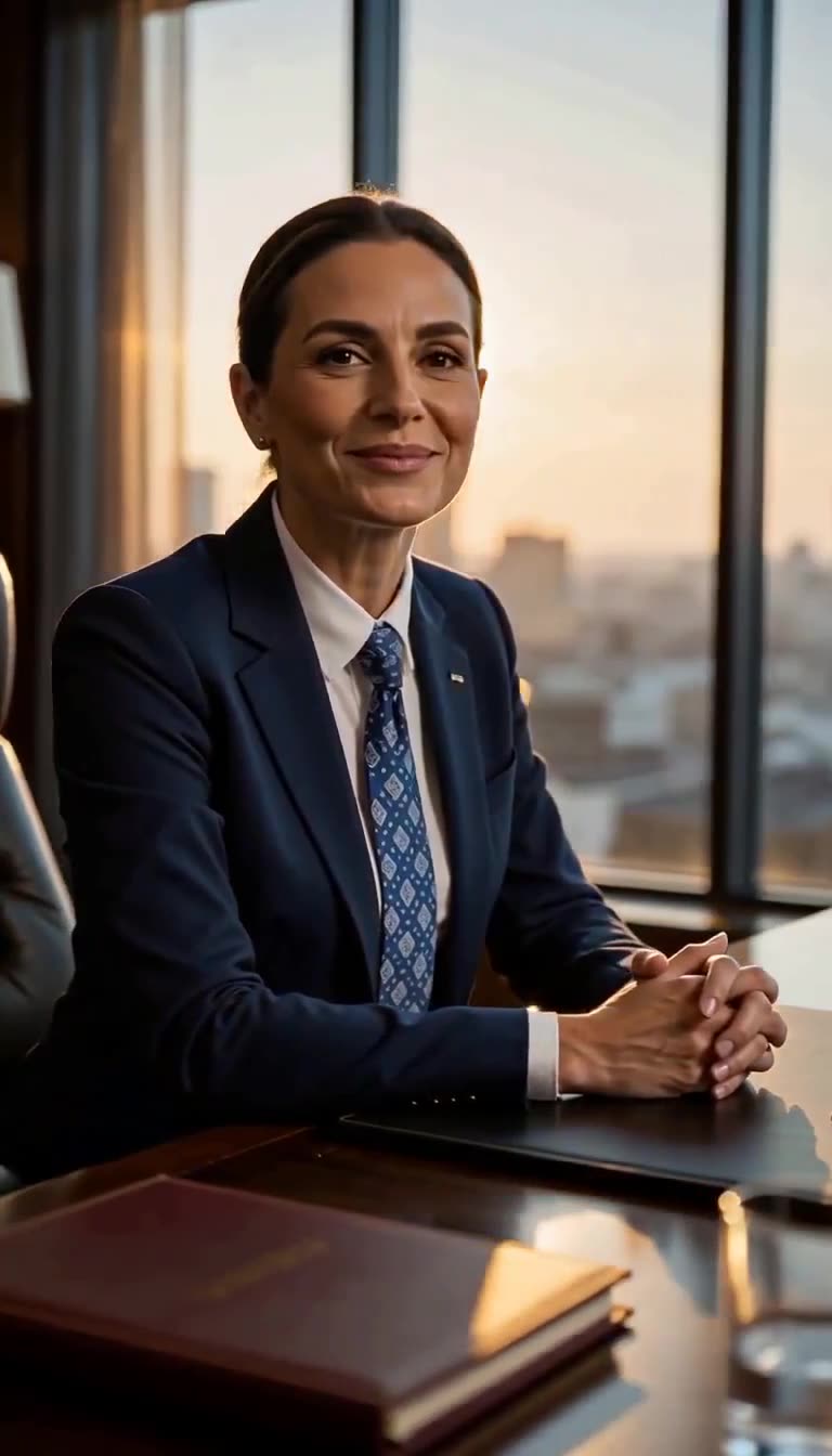 The executive sits serenely at her mahogany desk against the backdrop of an evening skyline.
