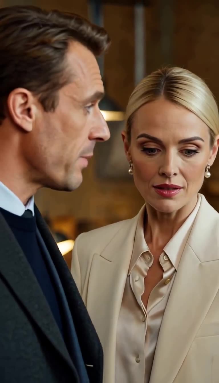 Gros plan sur la directrice blonde dont l'expression arrogante se fige sous le regard assuré de l'inconnu.