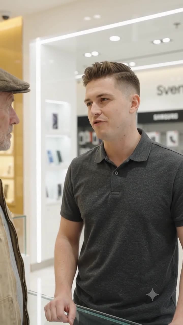 Young salesman in a dark polo shirt speaking dismissively to the elderly man at a glass display case