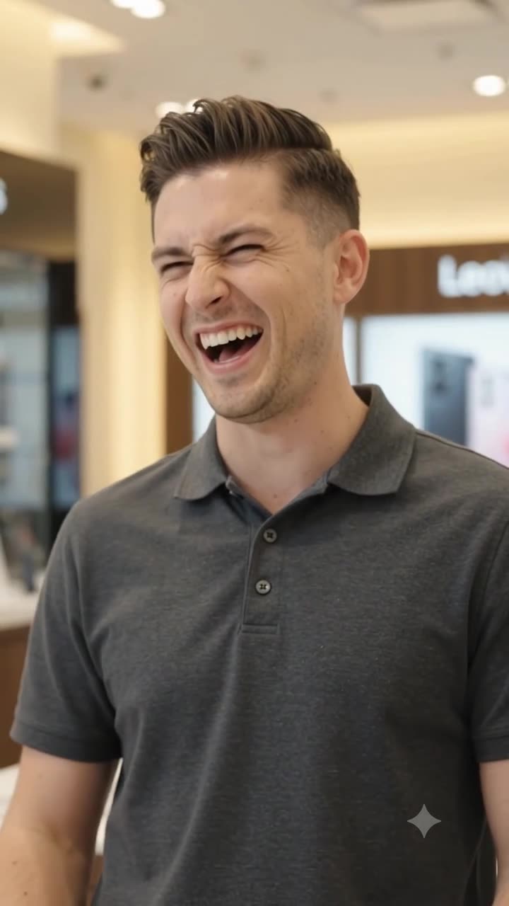 Young salesman laughing loudly with his eyes squeezed shut in the middle of the store