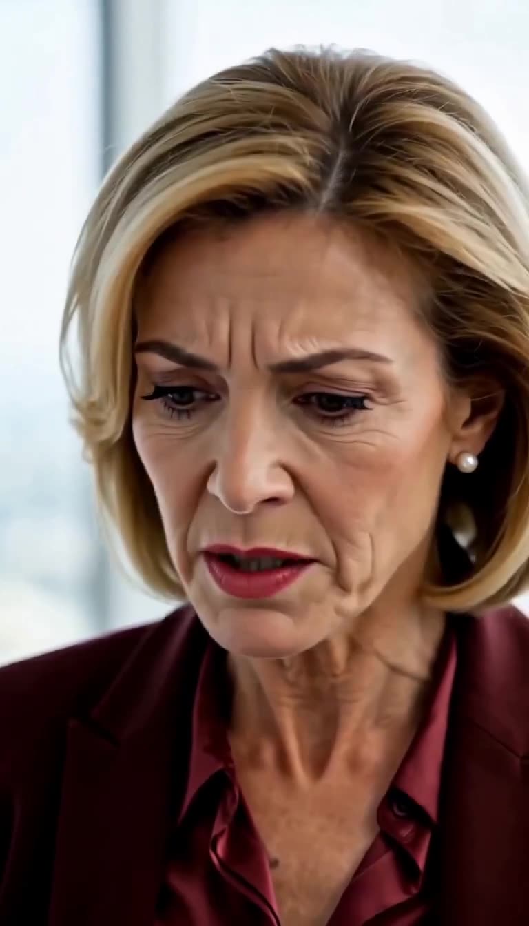 Gros plan sur le visage stupéfait et blême de la directrice découvrant la vérité.