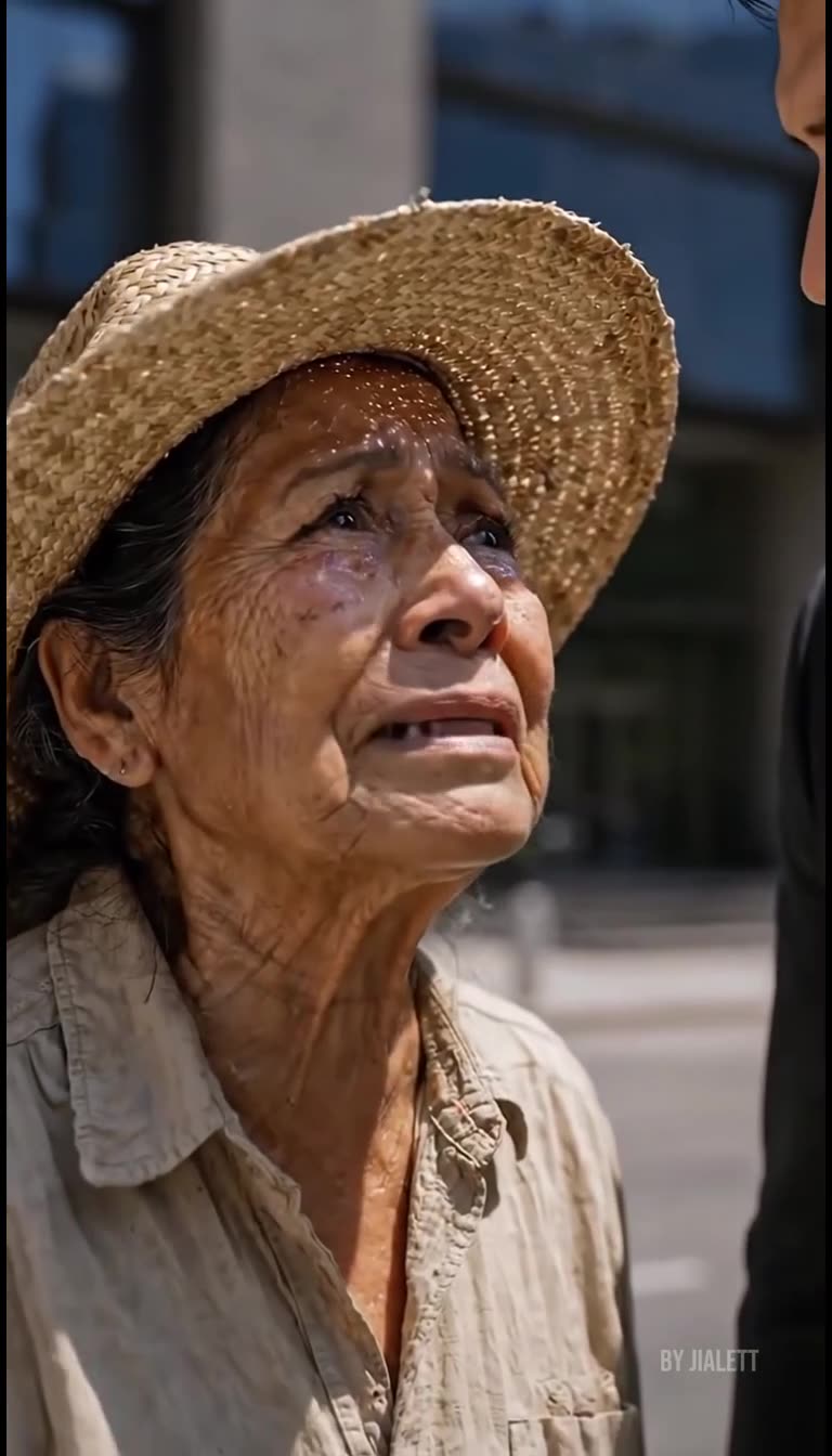 A tearful elderly mother in a straw hat looking up at her well-dressed son