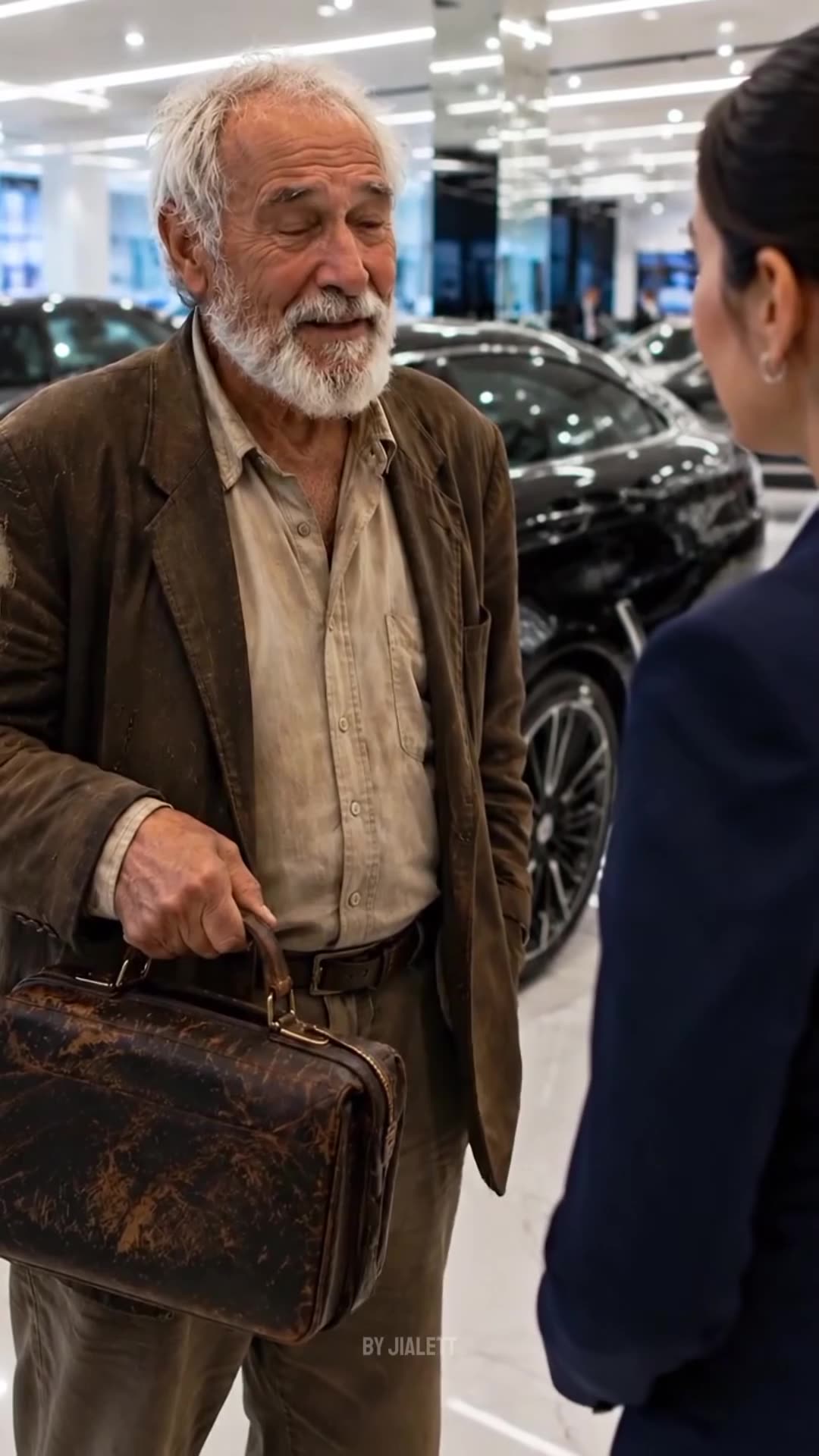 The elderly man smiles warmly while clutching his weathered leather briefcase in front of luxury vehicles.