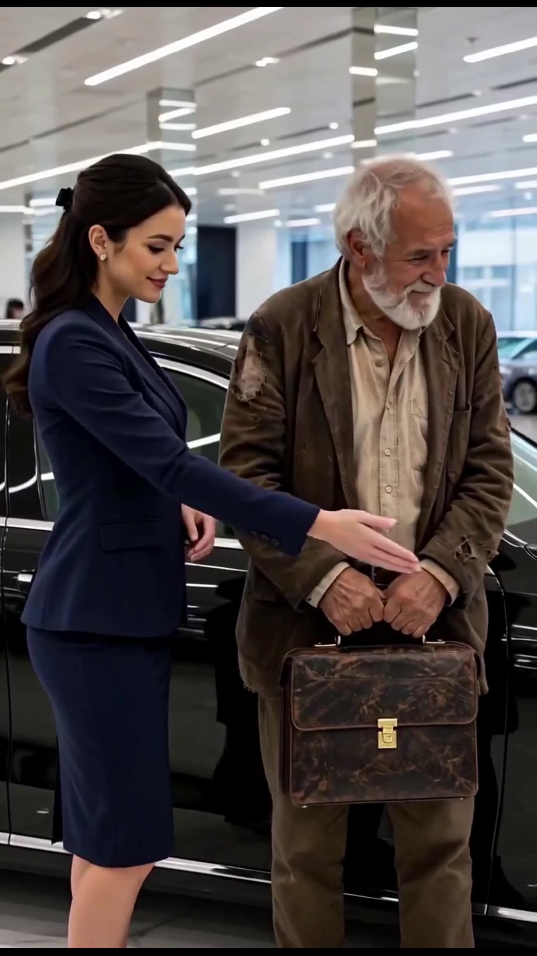 The saleswoman gracefully gestures toward a luxury car, welcoming the plainly dressed customer.