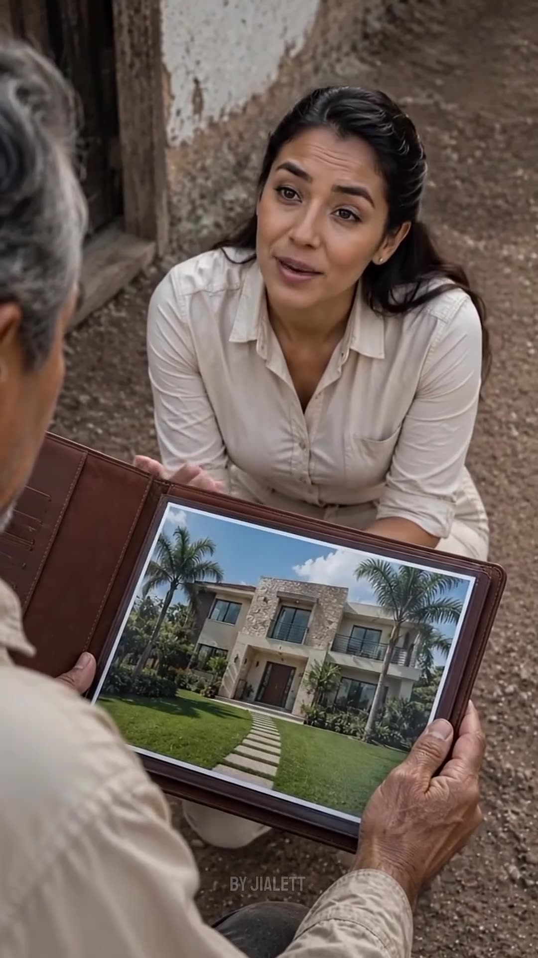A young woman kneels down to show her father a glossy photograph of a luxury modern mansion.