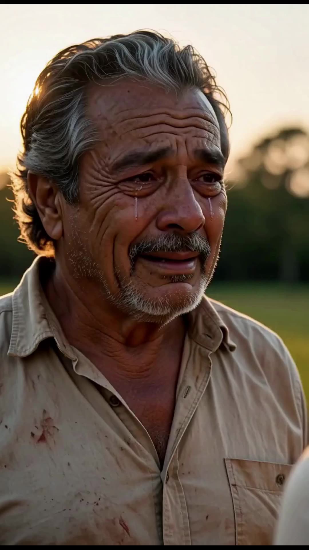 The elderly father weeps emotional tears in golden sunset light as the truth behind the sale is revealed.