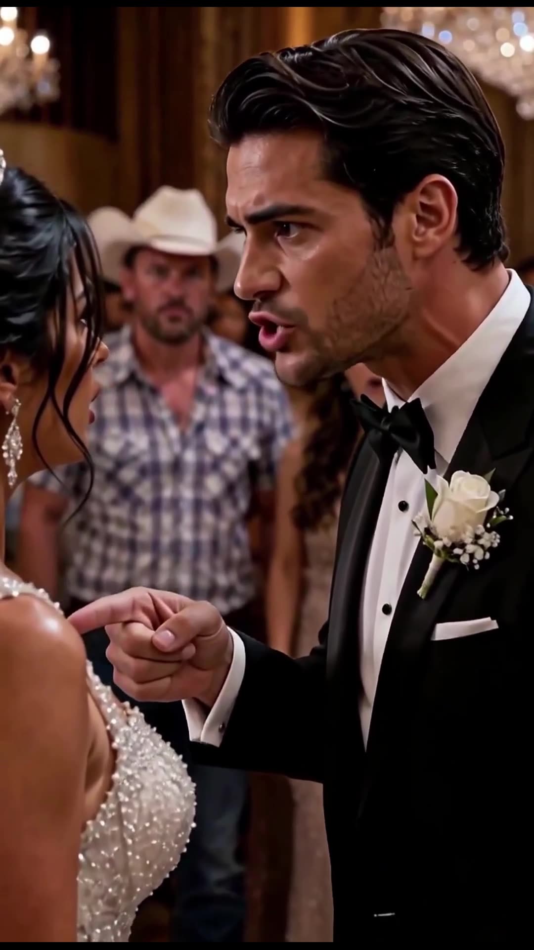 Furious groom confronting and shouting at the shocked bride before guests