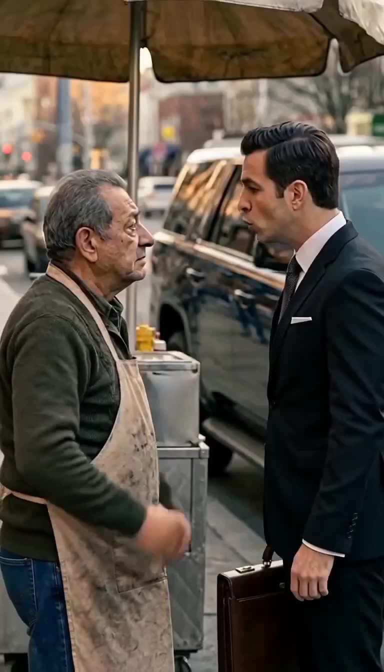 A stern businessman in a dark suit leans in to confront the elderly food cart owner