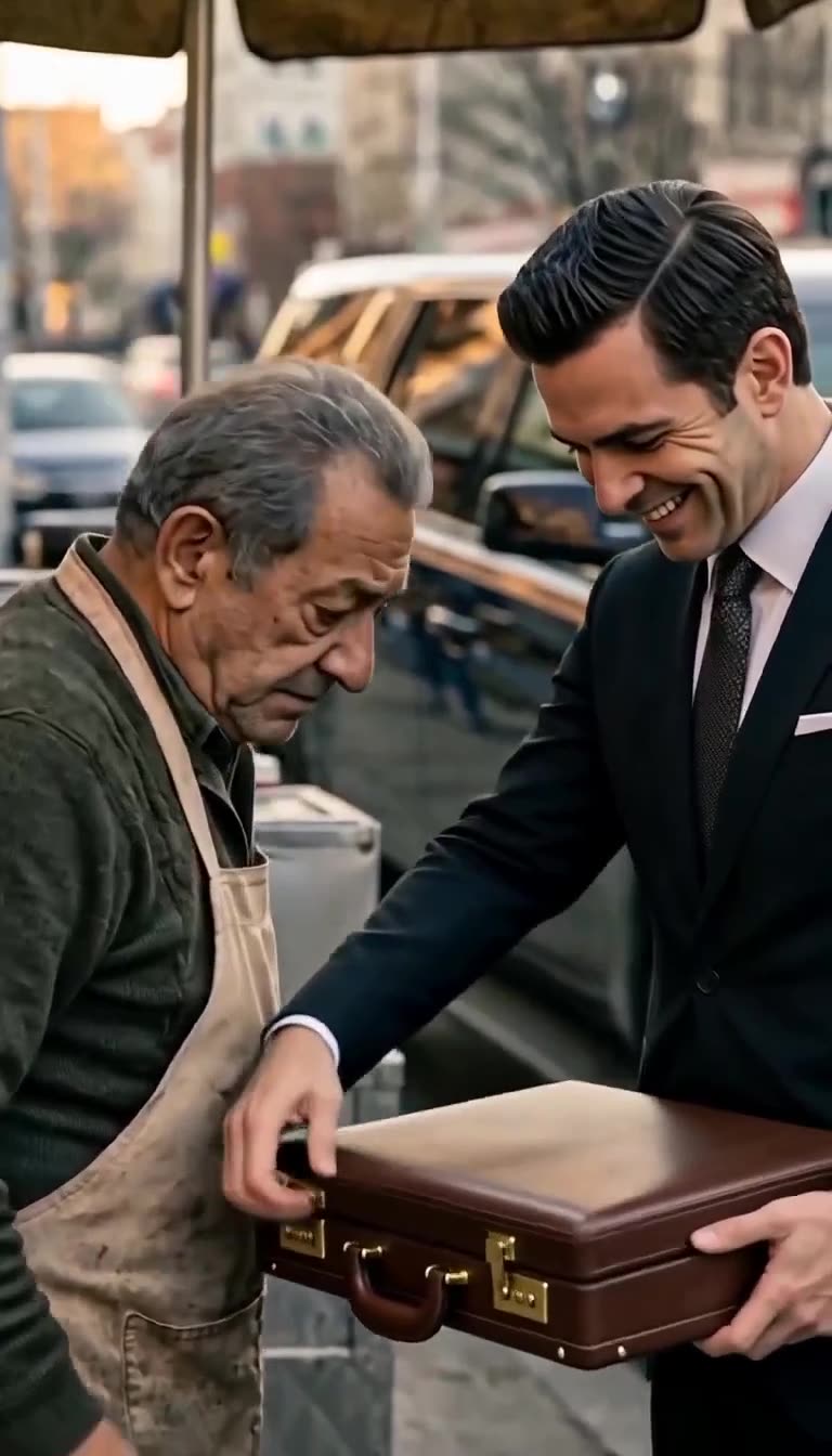 The smiling businessman opens a brown leather briefcase to reveal a surprise to the stunned vendor