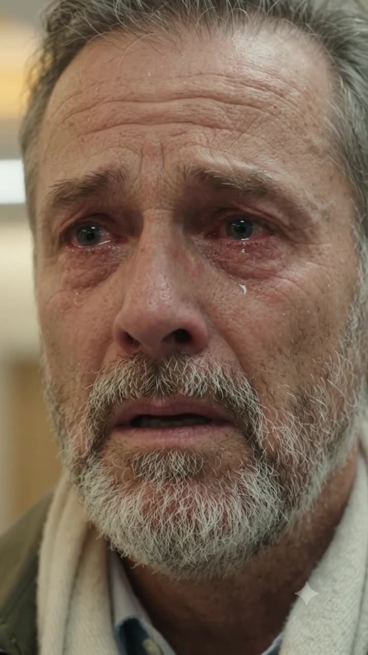 Extreme close-up of an older bearded man's tearful, reddened eyes showing fear and distress