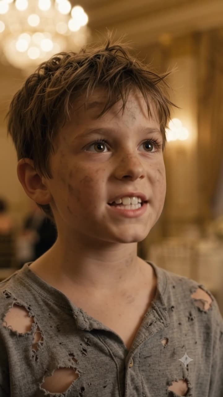 Close-up of a young boy with dirt on his face and torn shirt looking up and speaking under a chandelier