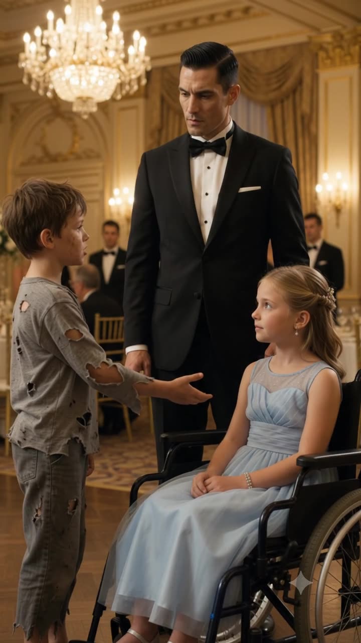 Barefoot boy in rags extending his hand to a young girl in a light blue dress in a wheelchair beside a man in a tuxedo