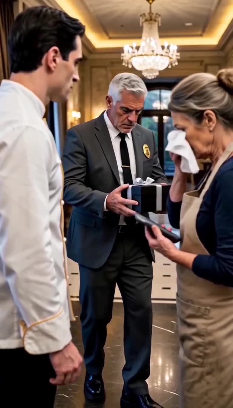 An arrogant chef watches as a security guard inspects a wrapped box while the dishwasher cries