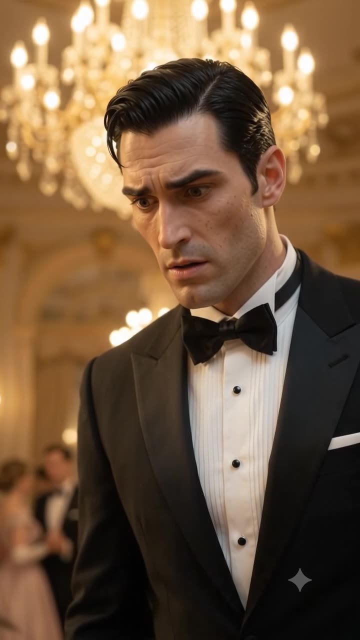 Close-up of a man in a black tuxedo and bow tie looking down with a concerned, furrowed expression under a chandelier