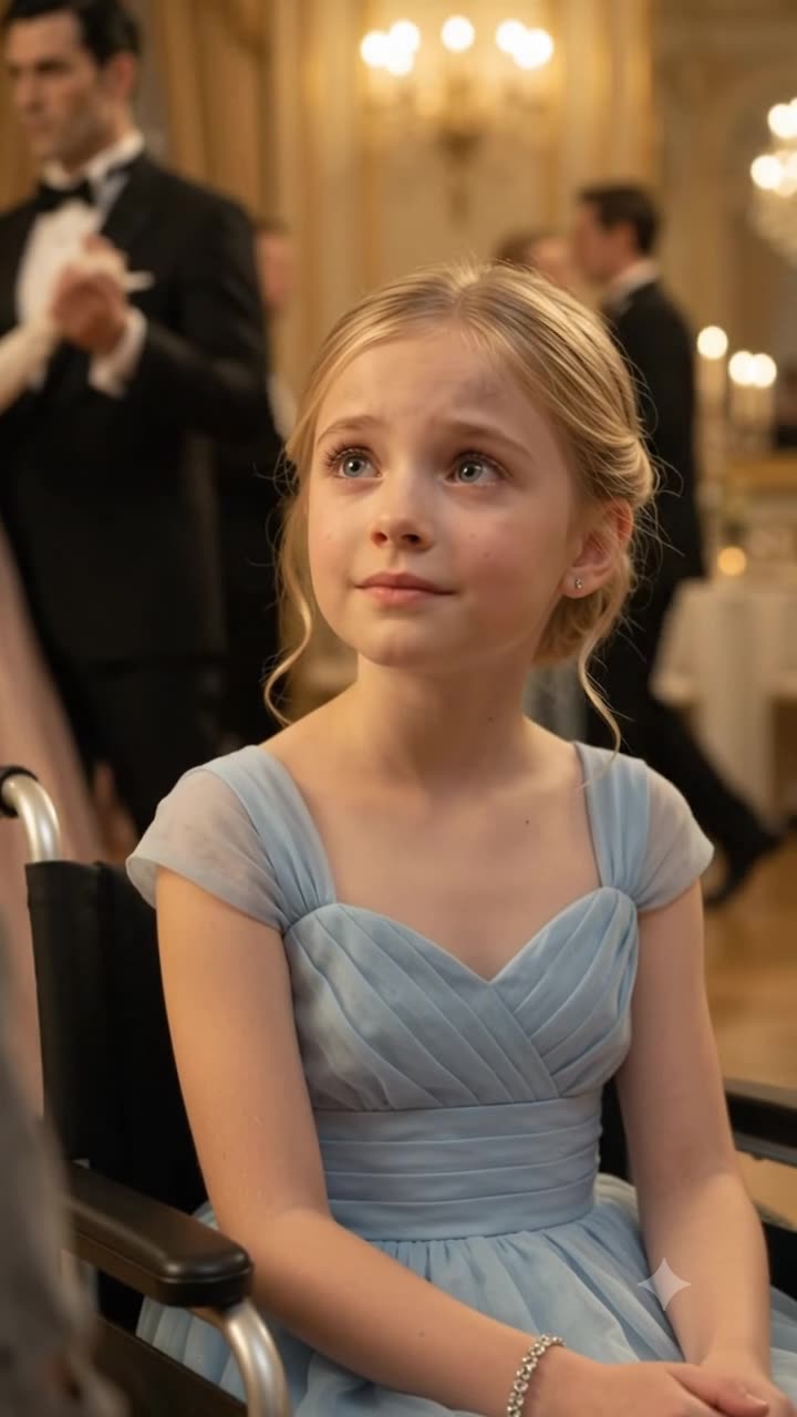 Close-up of a young blonde girl in a light blue dress sitting in a wheelchair looking up with a hopeful expression
