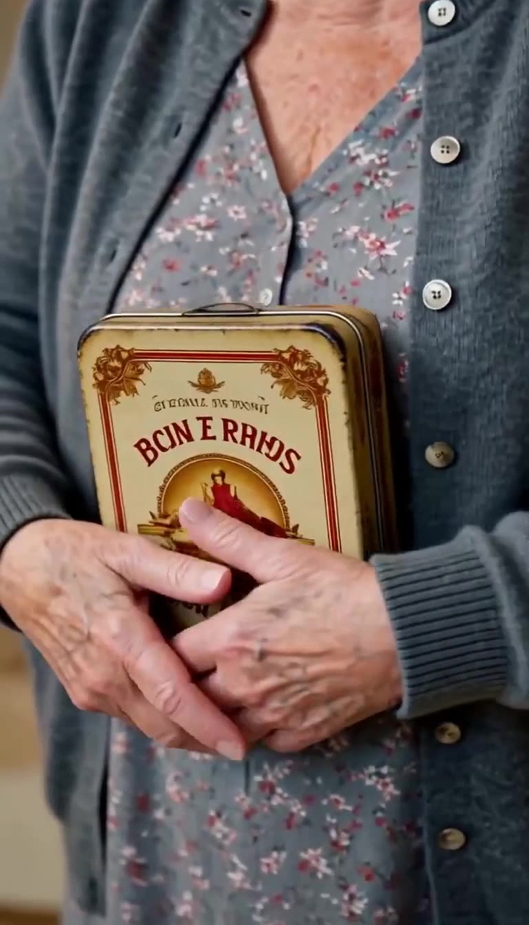 Gros plan sur les mains ridées de Thérèse serrant une boîte en fer blanc