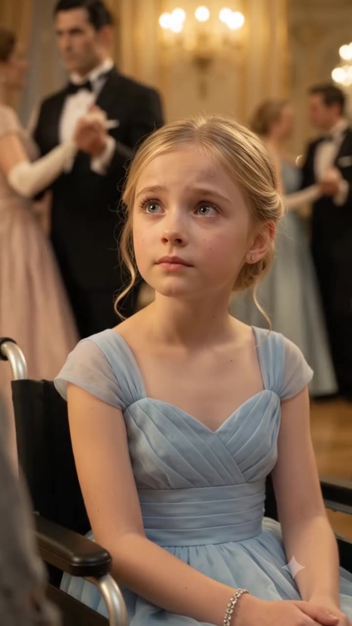 Young blonde girl in a light blue dress sitting in a wheelchair looking up with wide eyes while couples dance in a blurred ballroom background