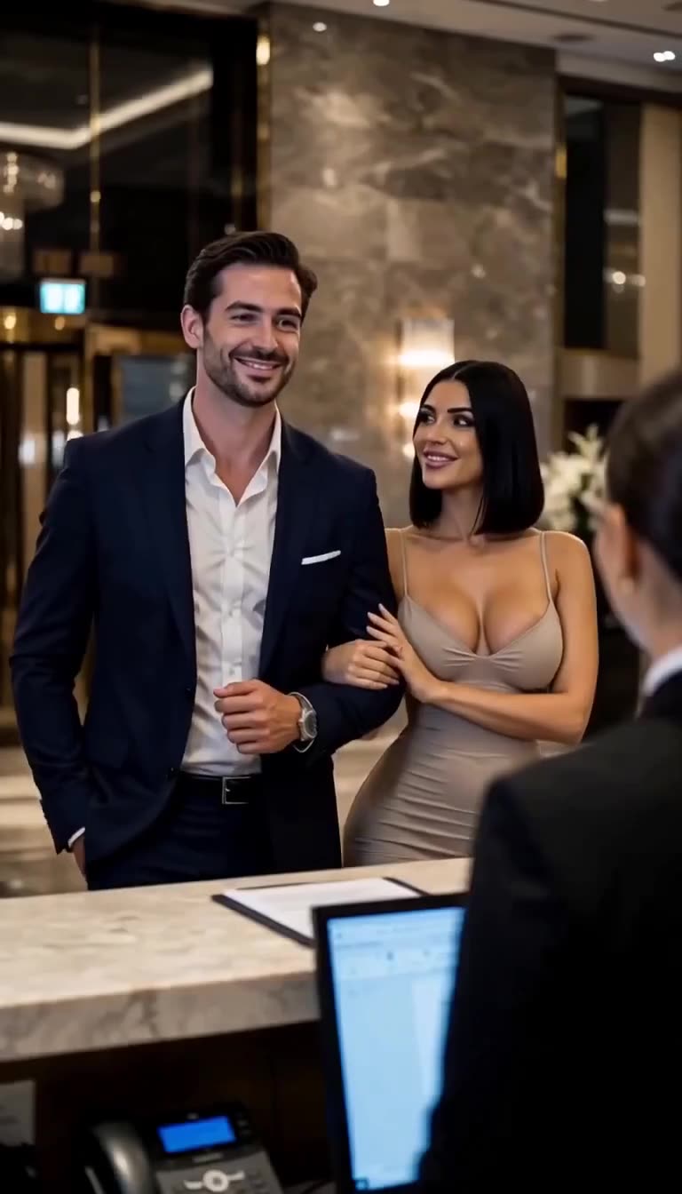 A smiling man and his glamorous companion approaching the hotel reception desk.