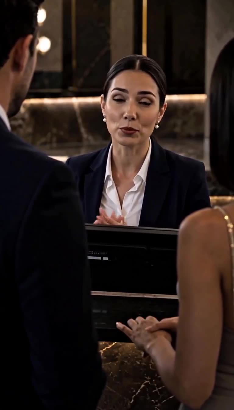 A composed receptionist behind the desk giving an intense, knowing stare.