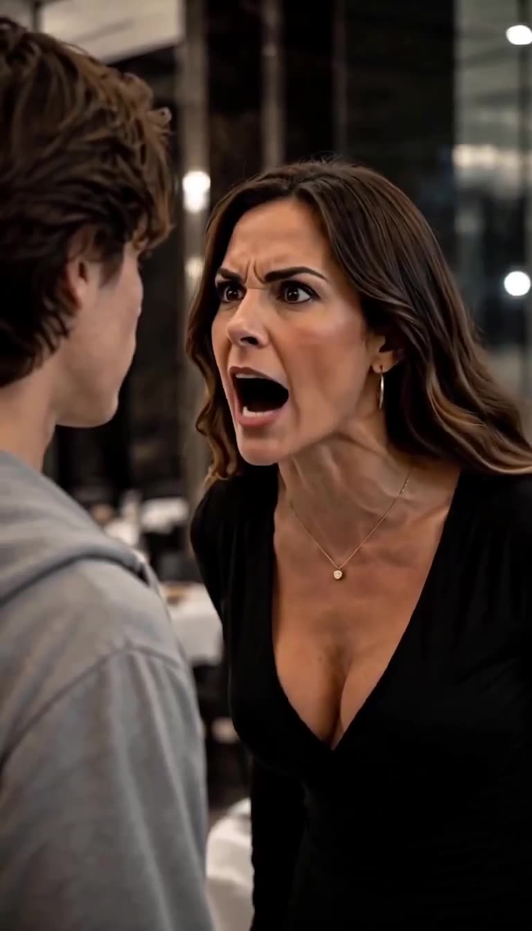 Close-up of the furious restaurant hostess screaming loudly at the young man